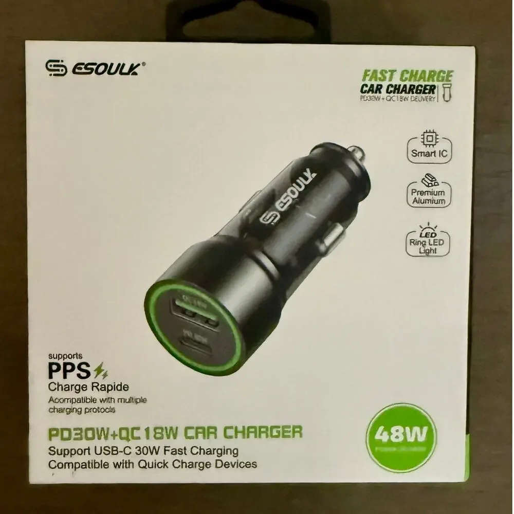 ESOULK 48W Fast Charge Car Charger PD30W QC18W Aluminum USB‑C USB Adapter